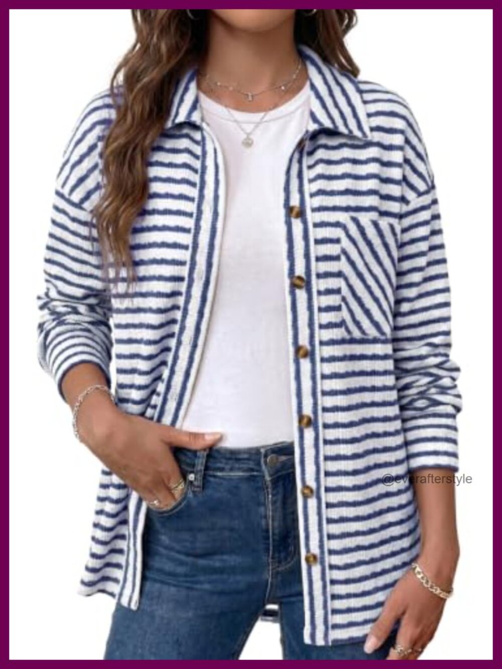 Dokotoo Women's Striped Button Up Shacket Long Sleeve Casual Jacket